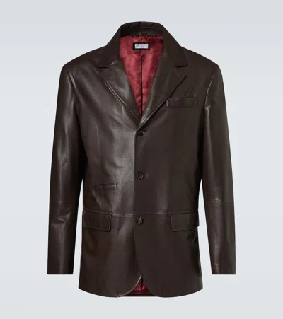 Brunello Cucinelli Polished Calfskin Tailored Jacket In Brown