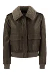 Brunello Cucinelli Women Leather Bomber Jacket And Shearling Collar In Brown