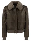 Brunello Cucinelli Women Leather Bomber Jacket And Shearling Collar In Brown