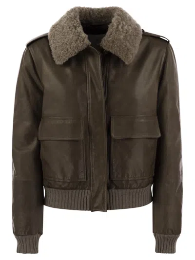 Brunello Cucinelli Leather Bomber Jacket And Shearling Collar In Brown
