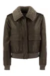 Brunello Cucinelli Women Leather Bomber Jacket And Shearling Collar In Brown
