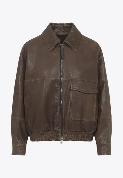 Brunello Cucinelli Leather Bomber Jacket In Brown