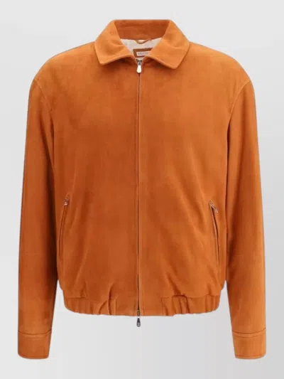 Brunello Cucinelli Leather Bomber Jacket In Orange