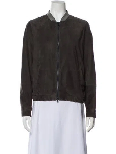 Pre-owned Brunello Cucinelli Leather Bomber Jacket In Gray