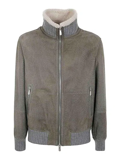 Brunello Cucinelli Leather Bomber Jacket In Military