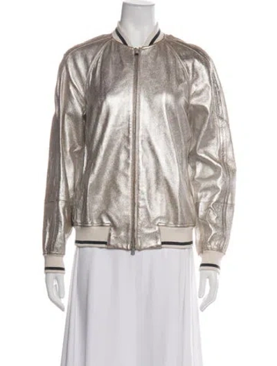Pre-owned Brunello Cucinelli Leather Bomber Jacket In Metallic/silver