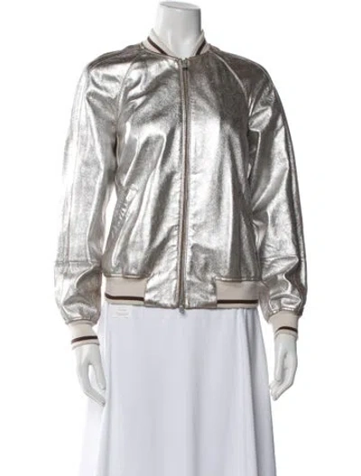 Pre-owned Brunello Cucinelli Leather Bomber Jacket In Metallic/silver