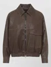 Brunello Cucinelli Leather Bomber Jacket Point Collar Hem In Multi