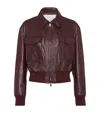 Brunello Cucinelli Monili-neck Smooth Glove Leather Bomber Jacket In Burgundy