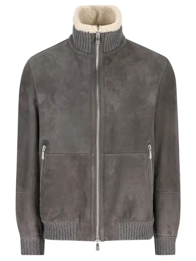 Brunello Cucinelli Leather Bomber With Sheepskin Lining In Animal Print