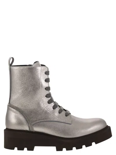 Brunello Cucinelli Leather Boot Embellished With Jewellery In Steel