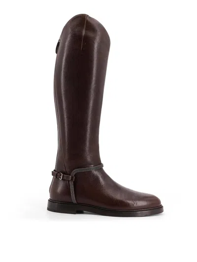 Brunello Cucinelli Leather Boots With Mobile Detail In Brown