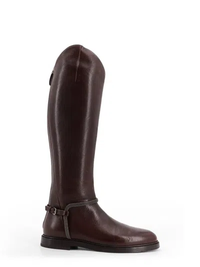 Brunello Cucinelli Leather Boots With Monili Detail In Brown