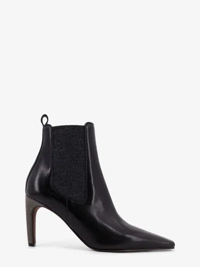 BRUNELLO CUCINELLI LEATHER BOOTS WITH MONILI DETAIL ON THE HEEL