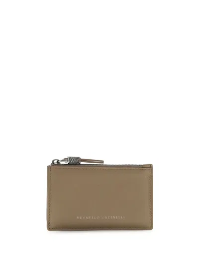 Brunello Cucinelli Leather Card Holder With Grain And Shiny Zipper Pull