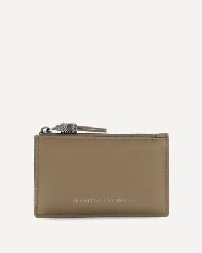 Brunello Cucinelli Leather Card Holder With Grain And Shiny Zipper Pull In Sand
