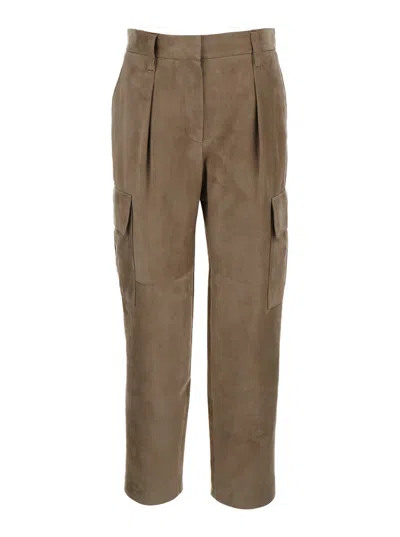 Brunello Cucinelli Leather Cargo Trousers In Taupe