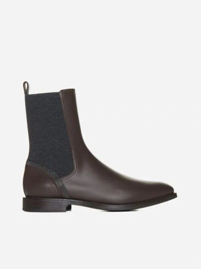 Brunello Cucinelli Leather Monili Chelsea Boots In Brown