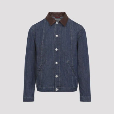 Brunello Cucinelli Men Lightweight Denim Jacket With Leather Collar In Animal Print