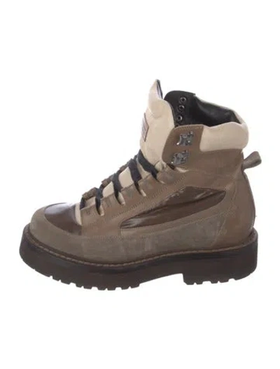 Pre-owned Brunello Cucinelli Leather Colorblock Pattern Combat Boots In Brown