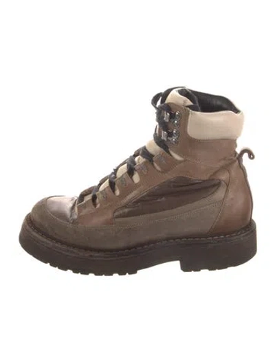 Pre-owned Brunello Cucinelli Leather Colorblock Pattern Combat Boots In Brown