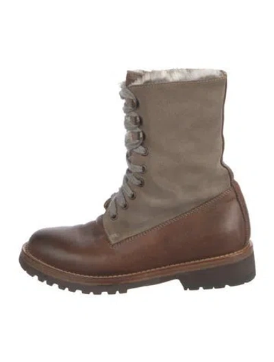 Pre-owned Brunello Cucinelli Leather Colorblock Pattern Combat Boots In Brown