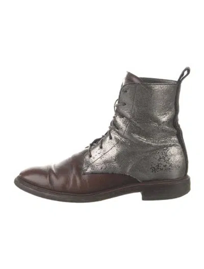 Pre-owned Brunello Cucinelli Leather Colorblock Pattern Combat Boots In Gray