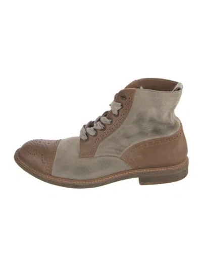 Pre-owned Brunello Cucinelli Leather Colorblock Pattern Combat Boots In Gray