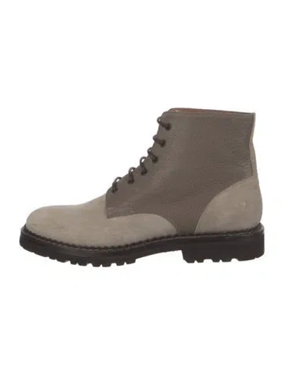 Pre-owned Brunello Cucinelli Leather Colorblock Pattern Combat Boots In Gray