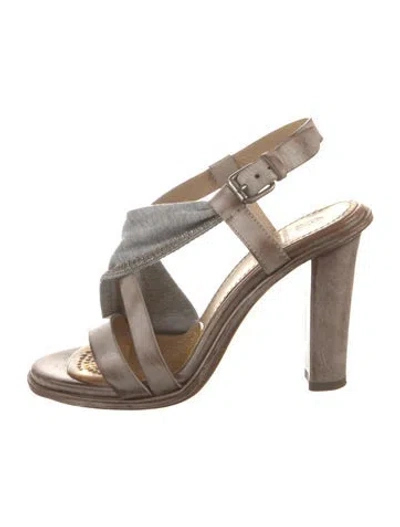 Pre-owned Brunello Cucinelli Leather Colorblock Pattern Slingback Sandals In Gray