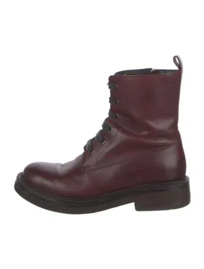 Pre-owned Brunello Cucinelli Leather Combat Boots In Burgundy