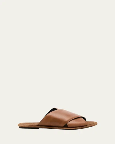 Brunello Cucinelli Leather Crisscross Slide Sandals In Sesamo