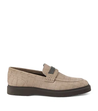 Brunello Cucinelli Leather Croc-embossed Loafers In Brown