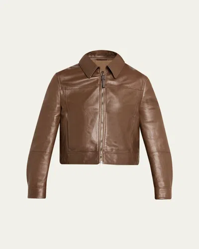 Brunello Cucinelli Leather Cropped Jacket In Brown