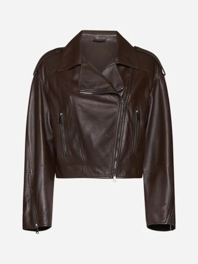 Brunello Cucinelli Panelled Leather Cropped Jacket In Coffee