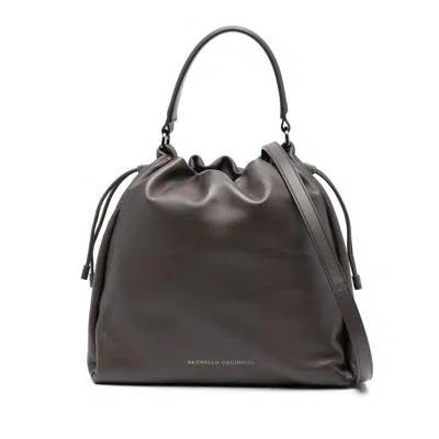 Brunello Cucinelli Leather Cross Body Bag In Gray