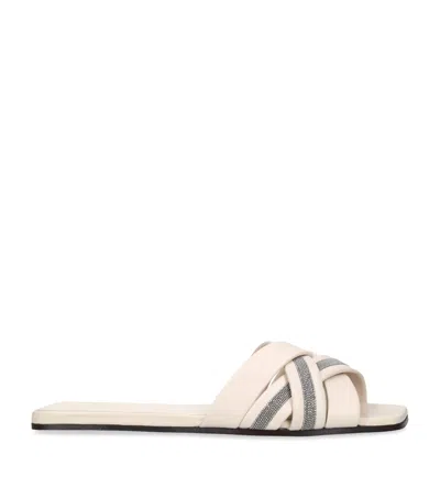 Brunello Cucinelli Leather Crossover-strap Flat Sandals In Beige