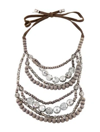 Pre-owned Brunello Cucinelli Leather, Crystal & Wood Multistrand Collar Necklace, 39.5" In Brown/clear/grey
