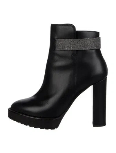 Pre-owned Brunello Cucinelli Leather Crystal Embellishments Boots In Black