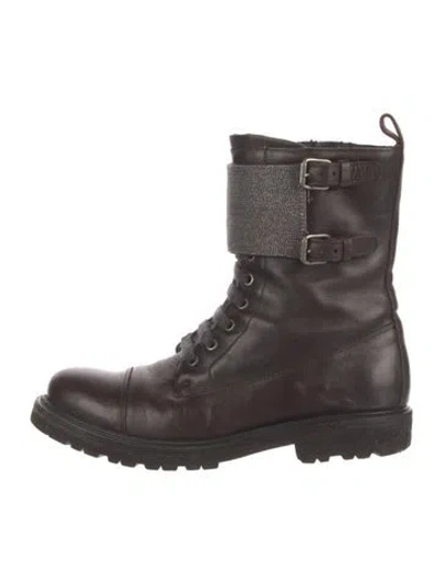 Pre-owned Brunello Cucinelli Leather Crystal Embellishments Combat Boots In Brown