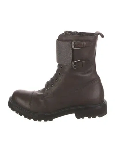 Pre-owned Brunello Cucinelli Leather Crystal Embellishments Combat Boots In Brown