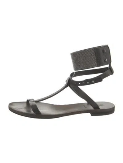 Pre-owned Brunello Cucinelli Leather Crystal Embellishments Gladiator Sandals In Gray