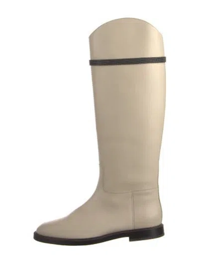 Pre-owned Brunello Cucinelli Leather Crystal Embellishments Riding Boots In Neutral