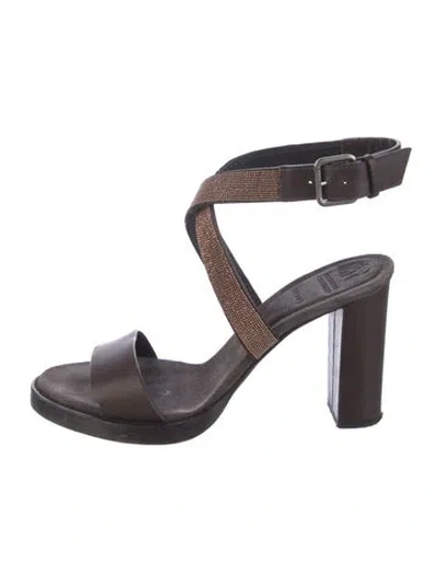 Pre-owned Brunello Cucinelli Leather Crystal Embellishments Sandals In Brown