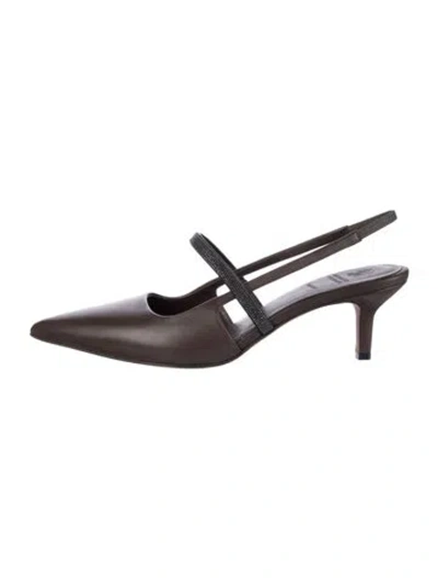 Pre-owned Brunello Cucinelli Leather Crystal Embellishments Slingback Pumps In Brown