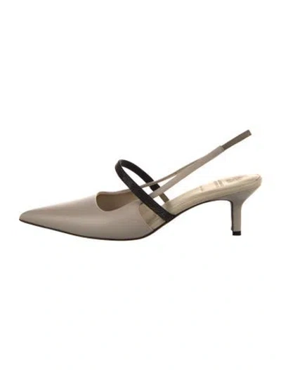 Pre-owned Brunello Cucinelli Leather Crystal Embellishments Slingback Pumps In Neutral