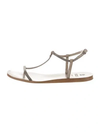 Pre-owned Brunello Cucinelli Leather Crystal Embellishments T-strap Sandals In Gray