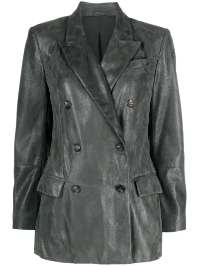 Brunello Cucinelli Leather Double-breasted Jacket In Green