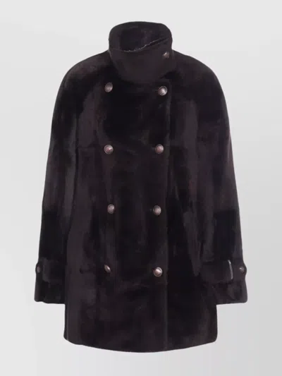 Brunello Cucinelli Leather Double-breasted Jacket High Collar In Black