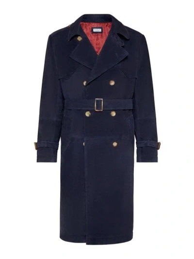 Brunello Cucinelli Leather Double-breasted Trench Coat In Blue